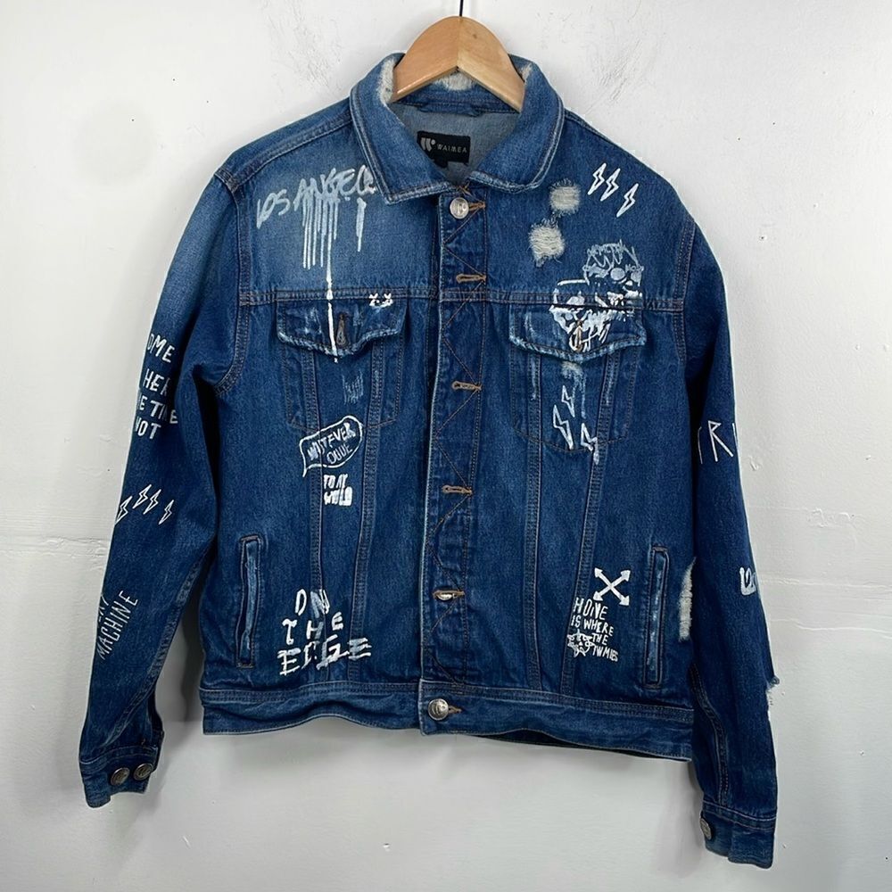 WAIMEA Men's Distressed Graphic Denim Jeans Jacket size Small